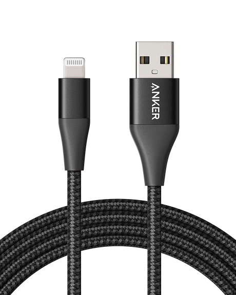 Anker 551 USB-A to Lightning charging cable in black, available in 3 ft, 6 ft, and 10 ft lengths, connected to a device.