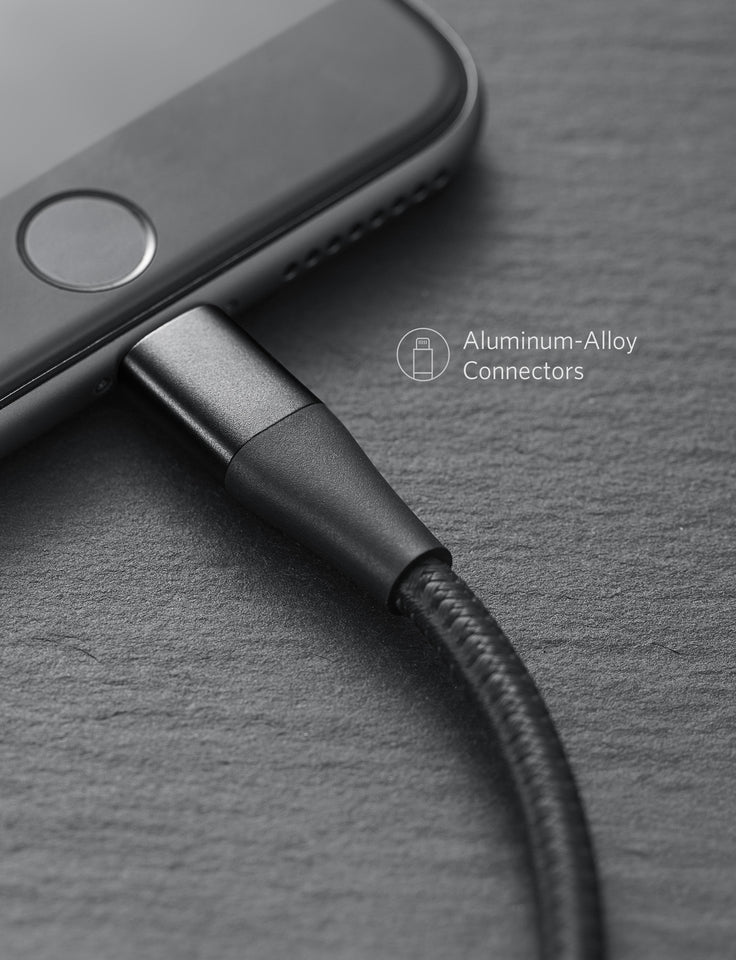 Anker 551 USB-A to Lightning charging cable, available in 3, 6, or 10 feet, with a close-up of the cable's connectors.