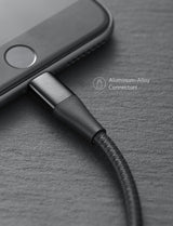 Anker 551 USB-A to Lightning charging cable, available in 3, 6, or 10 feet, with a close-up of the cable's connectors.