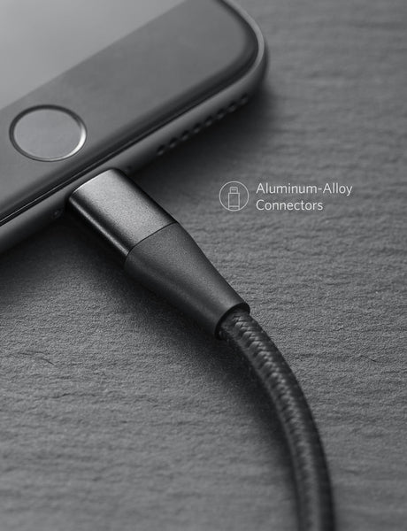 Anker 551 USB-A to Lightning charging cable, available in 3, 6, or 10 feet, with a close-up of the cable's connectors.