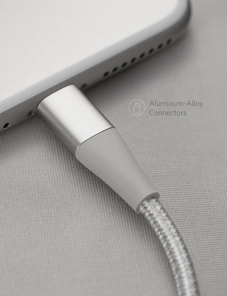 Anker 551 USB-A to Lightning charging cable, available in 3, 6, and 10 feet lengths, shown connected to a device.