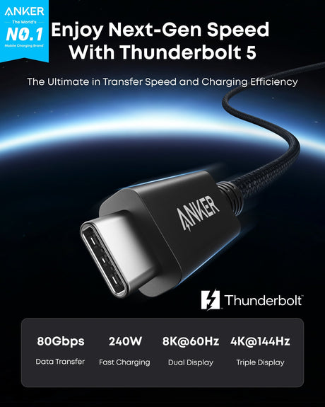 Anker Prime Thunderbolt 5 cable in 3.3 ft and 1.7 ft lengths, featuring 80Gbps data transfer and 240W power delivery.