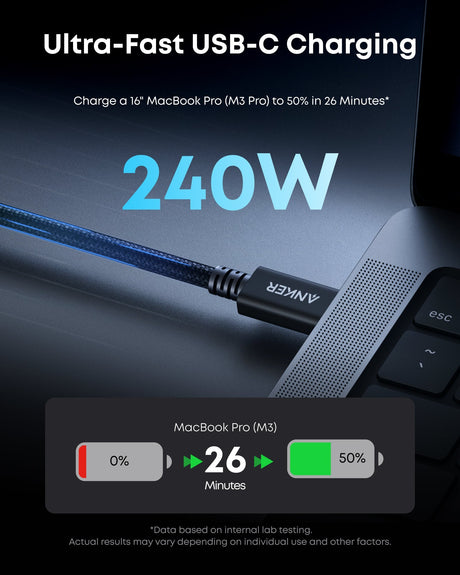 Anker Prime Thunderbolt 5 cable in black, 3.3 ft and 1.7 ft lengths with 80Gbps data transfer and 240W charging capability.