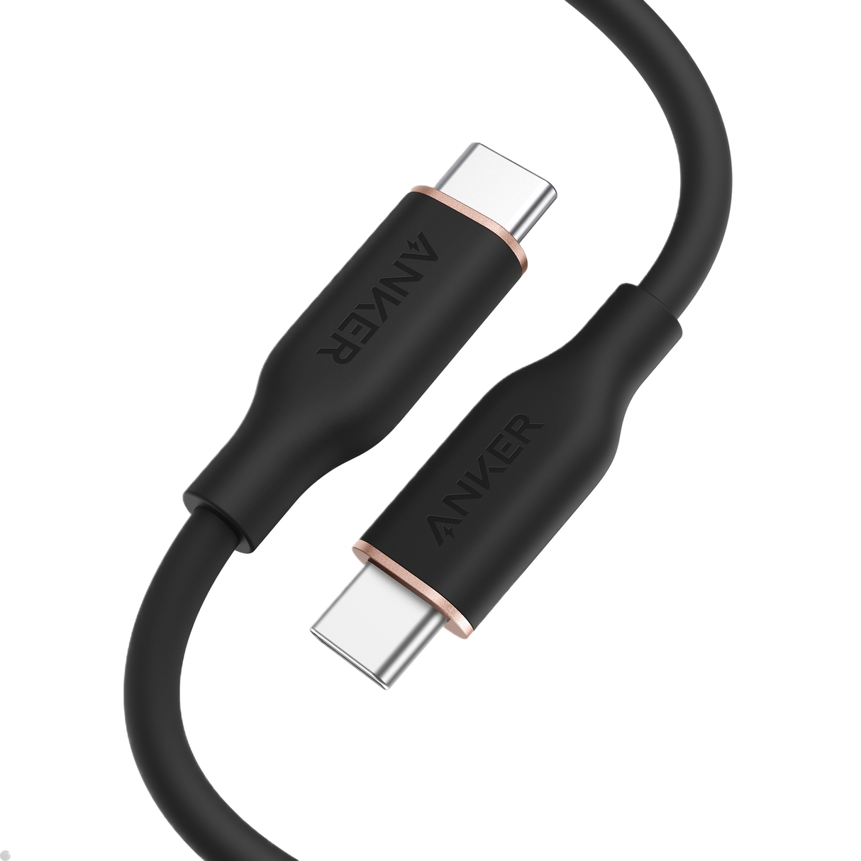 Anker 643 USB-C to USB-C silicone charging cable, flexible and durable for fast device charging, shown in a close-up image.