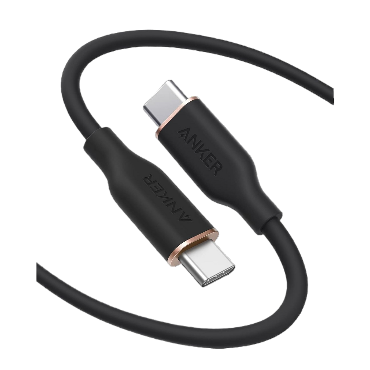 Anker 643 USB-C to USB-C silicone charging cable, slim and flexible for fast device charging, shown connected to a smartphone.