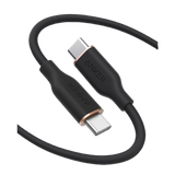 Anker 643 USB-C to USB-C silicone charging cable, slim and flexible for fast device charging, shown connected to a smartphone.