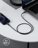 Anker 641 USB-C to Lightning cable in silicone, 3 feet long, with a sleek black design for fast device charging and data transfer.