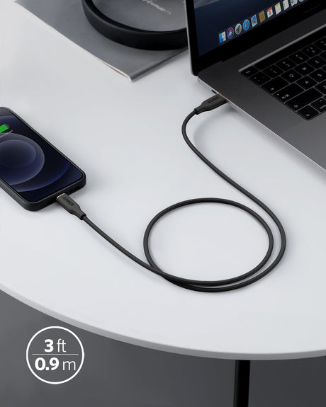 Anker 641 USB-C to Lightning cable in silicone, 3 feet long, with a sleek black design for fast device charging and data transfer.