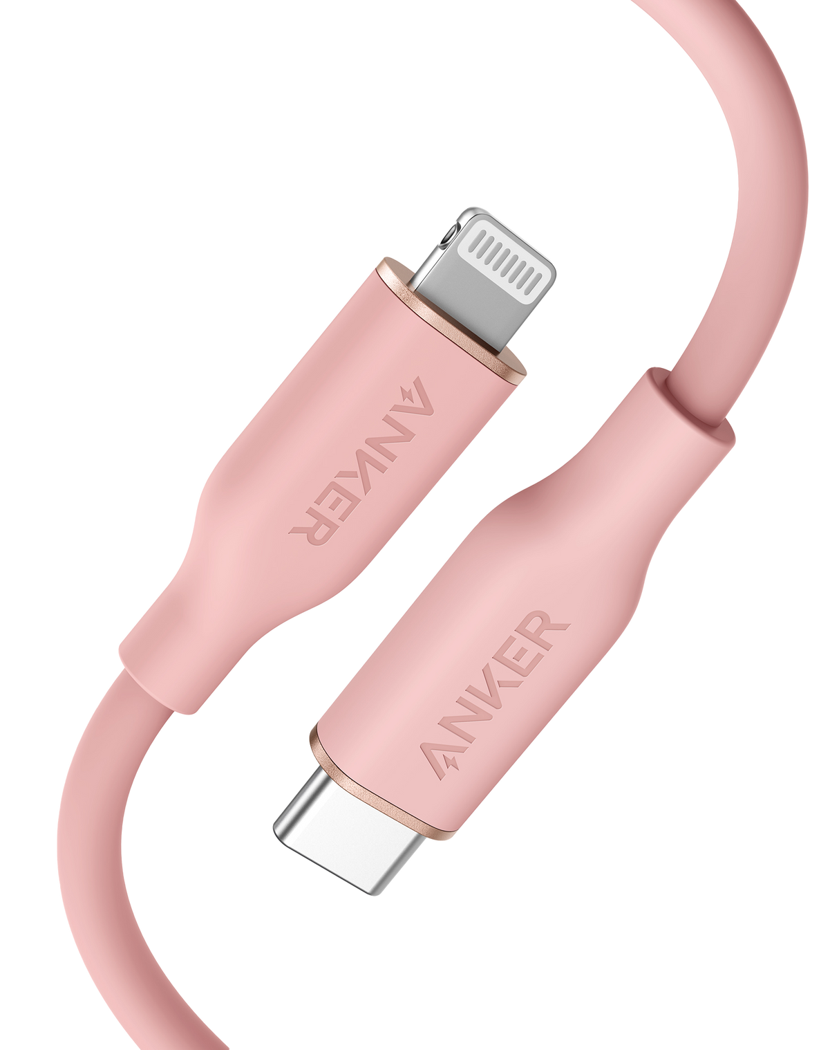 Anker 641 USB-C to Lightning cable, 3 ft silicone flow design, shown coiled with connectors visible for Apple device charging.