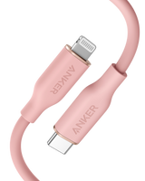 Anker 641 USB-C to Lightning cable, 3 ft silicone flow design, shown coiled with connectors visible for Apple device charging.