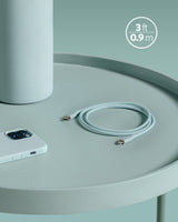 Anker 641 USB-C to Lightning Cable in flow silicone, 3 feet long, with a close-up of the cable's flexible design and connectors.