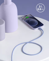 Anker 641 USB-C to Lightning Cable, 3 ft silicone charging cable with Flow design, shown coiled with connectors visible.