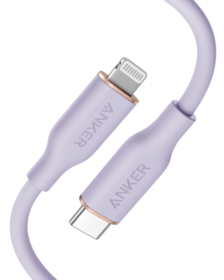 Anker 641 USB-C to Lightning silicone charging cable, flexible and durable for Apple devices, shown coiled with connectors visible.