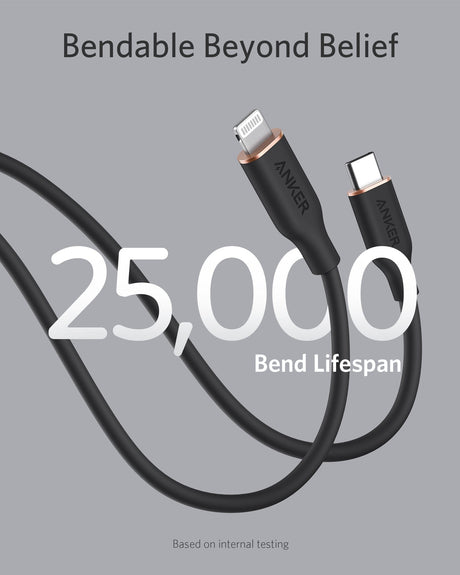 Anker 641 USB-C to Lightning cable, 3 ft silicone flow design, shown coiled with connectors visible on a white background.