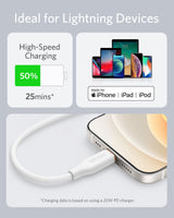 Anker 641 USB-C to Lightning cable, 3 ft silicone flow design, shown coiled with connectors visible for charging and syncing.