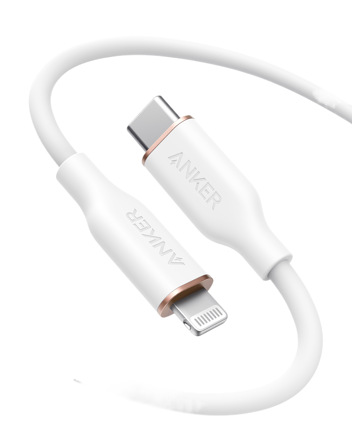 Anker 641 USB-C to Lightning cable, 3 ft silicone flow design, shown in a close-up image with braided texture and connectors.