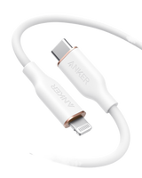 Anker 641 USB-C to Lightning cable, 3 ft silicone flow design, shown in a close-up image with braided texture and connectors.