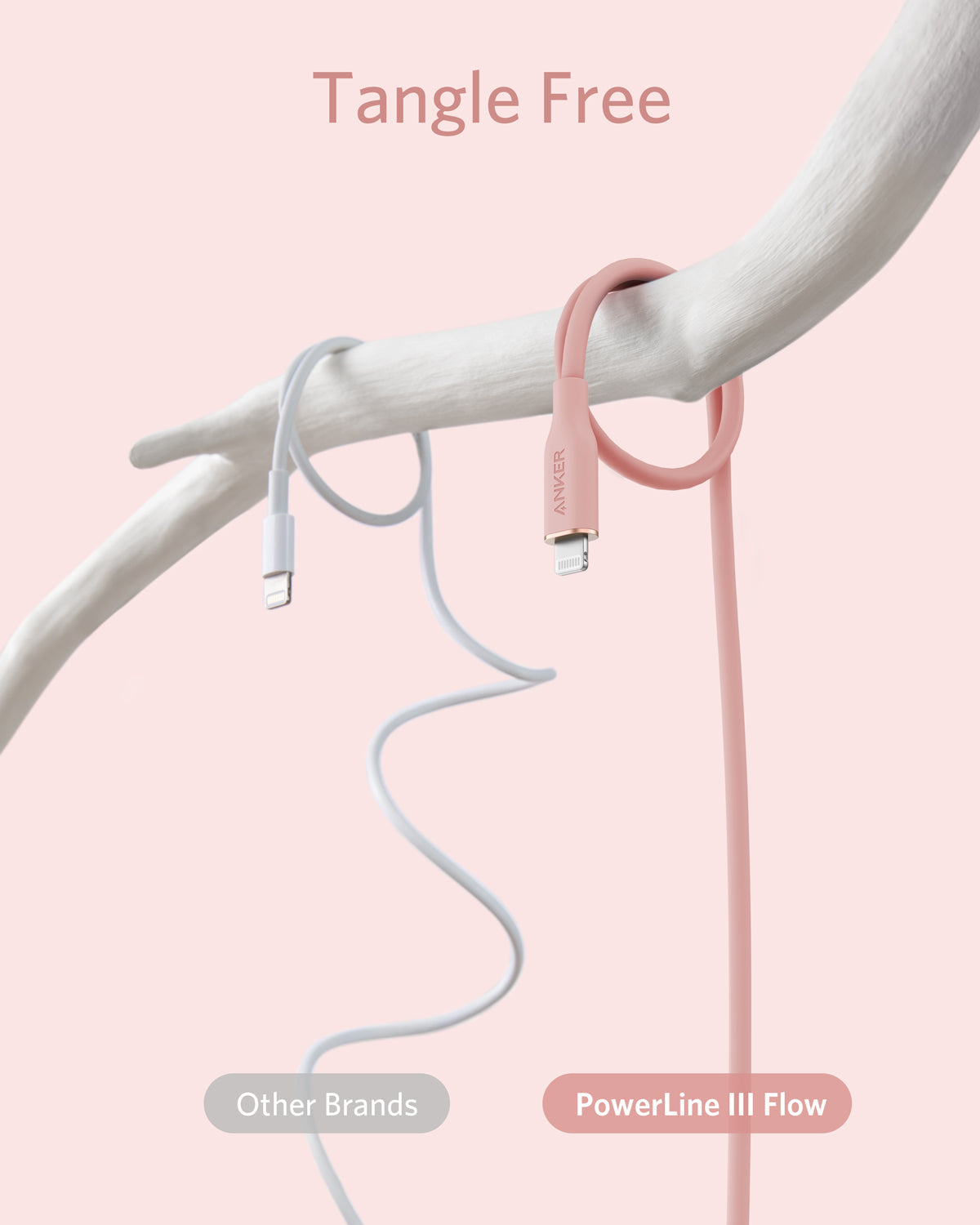 Anker 641 USB-C to Lightning Cable, 3 ft silicone Flow cable shown coiled with connectors visible for charging devices.