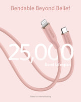 Anker 641 USB-C to Lightning Cable, 3 ft silicone charging cable with Flow design shown coiled and connected to devices.