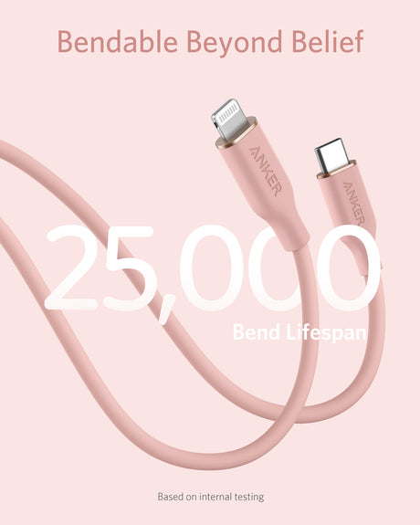 Anker 641 USB-C to Lightning Cable, 3 ft silicone charging cable with Flow design shown coiled and connected to devices.