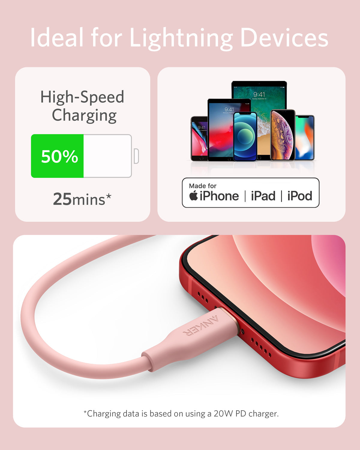 Anker 641 USB-C to Lightning cable in flow design, 3 feet silicone material, shown connected to devices.