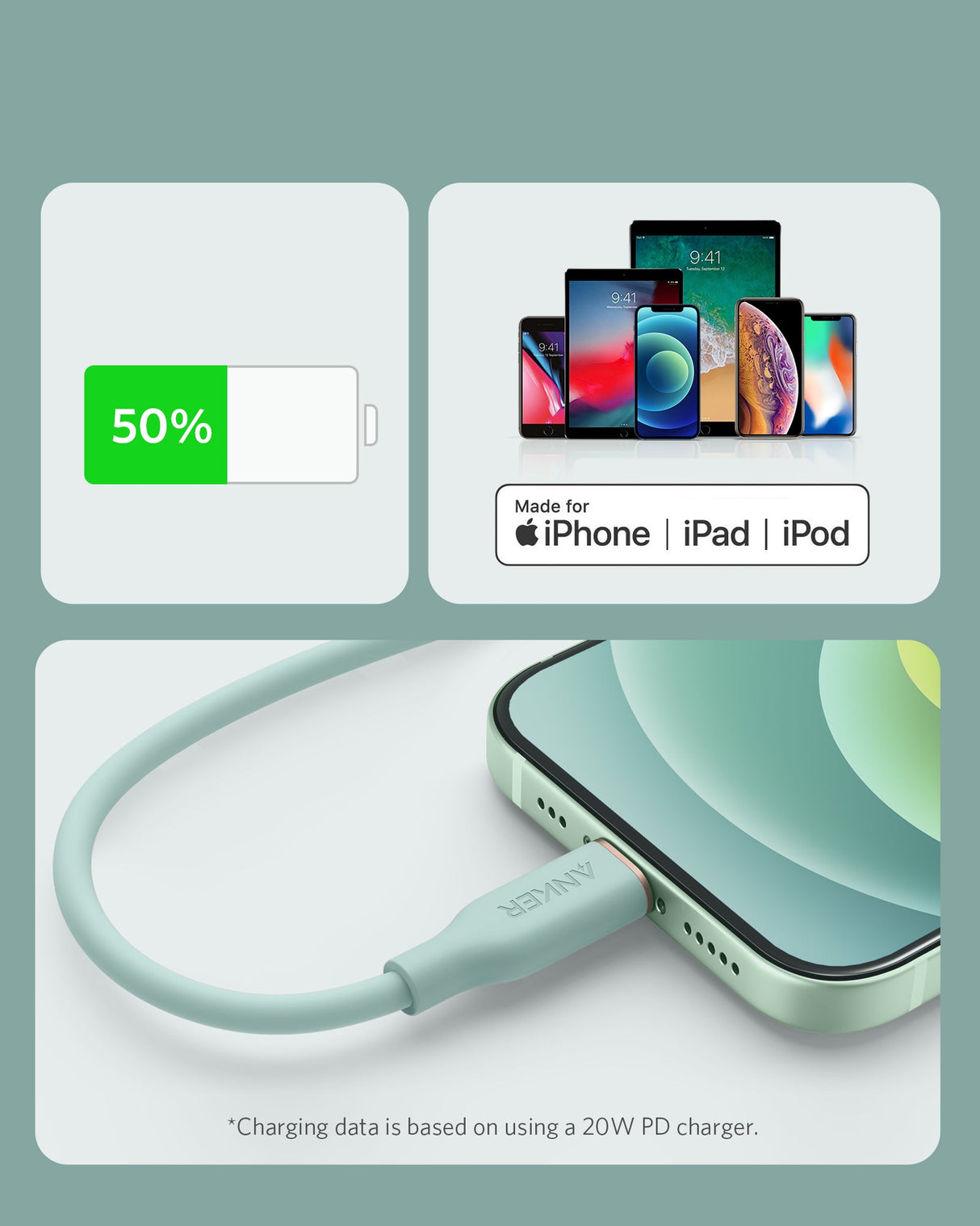 Anker 641 USB-C to Lightning cable, 3 ft silicone Flow cable shown with connectors visible on a white background.