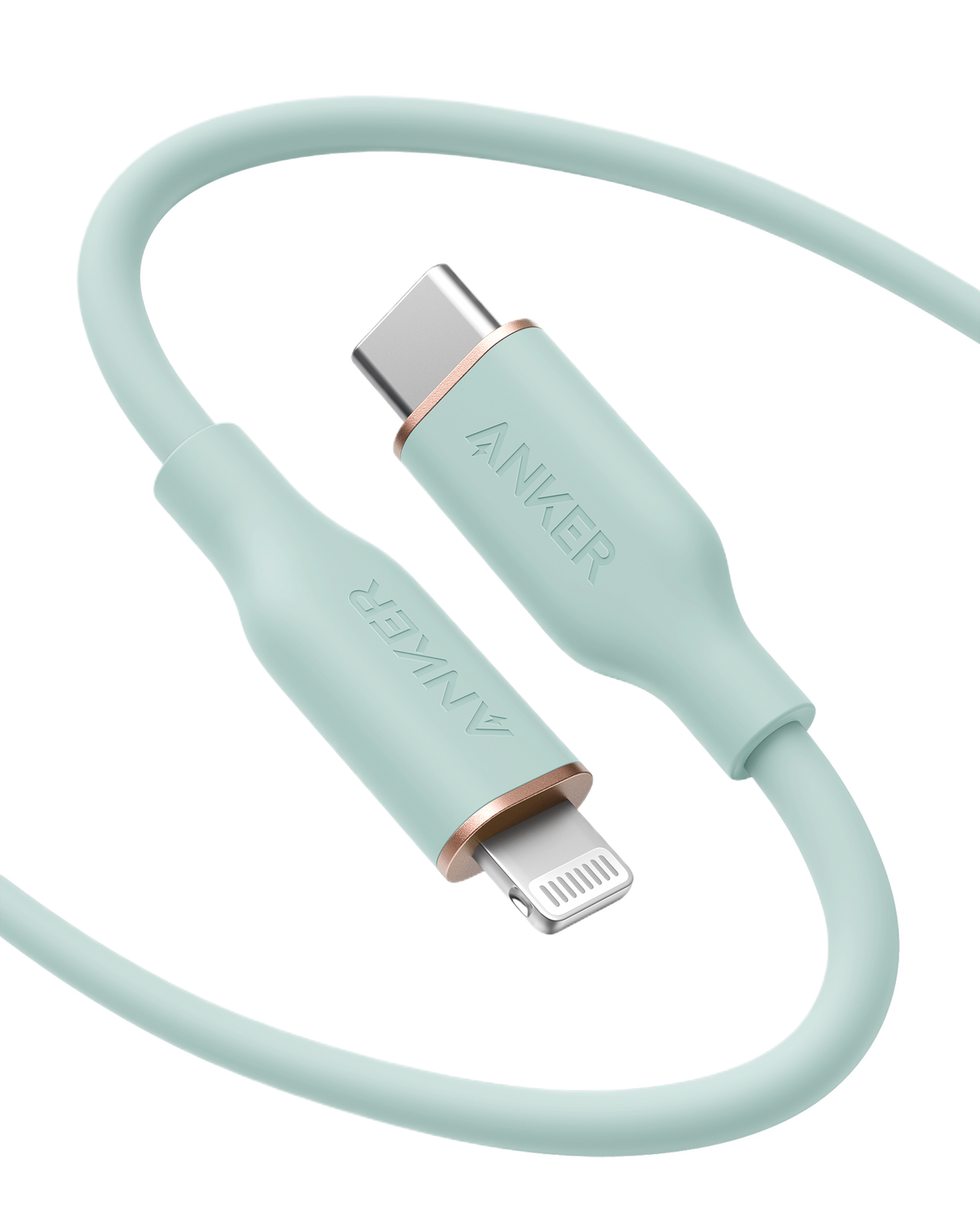 Anker 641 USB-C to Lightning silicone cable, 3 feet long, with a flow design, shown in a close-up image.