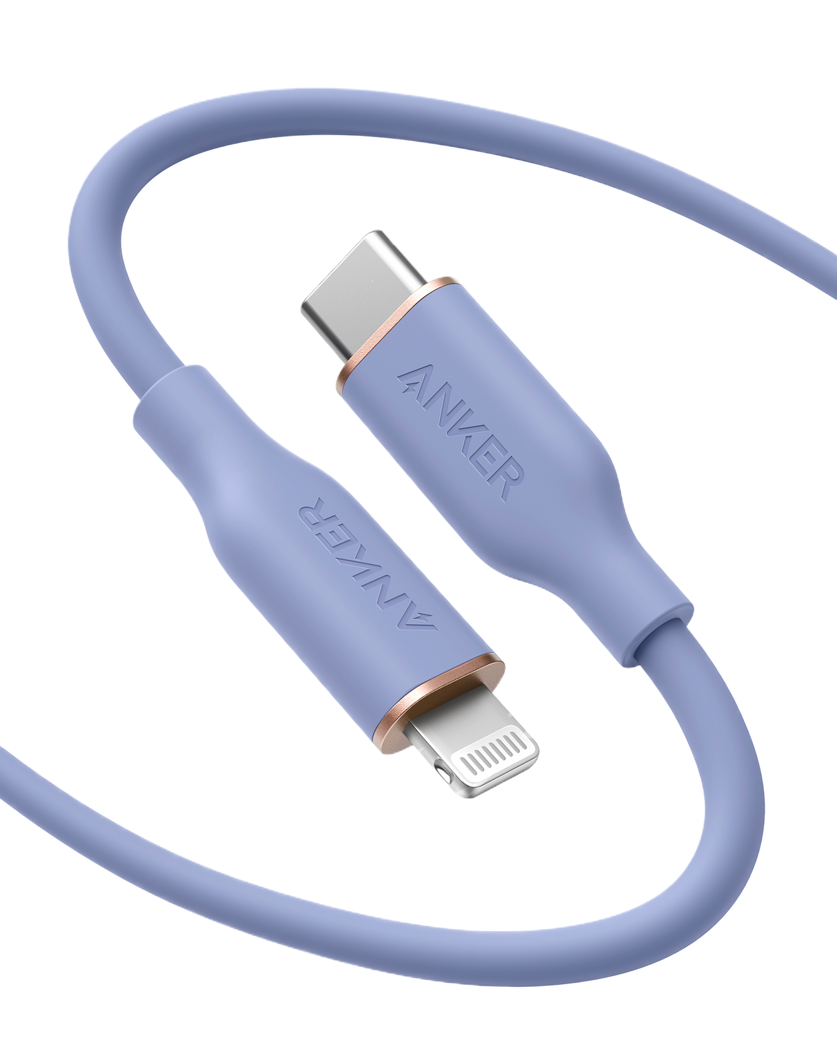 Anker 641 USB-C to Lightning cable, 3 ft silicone flow design, shown connected to Apple device on a white background.