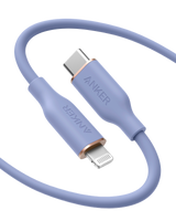 Anker 641 USB-C to Lightning cable, 3 ft silicone flow design, shown connected to Apple device on a white background.