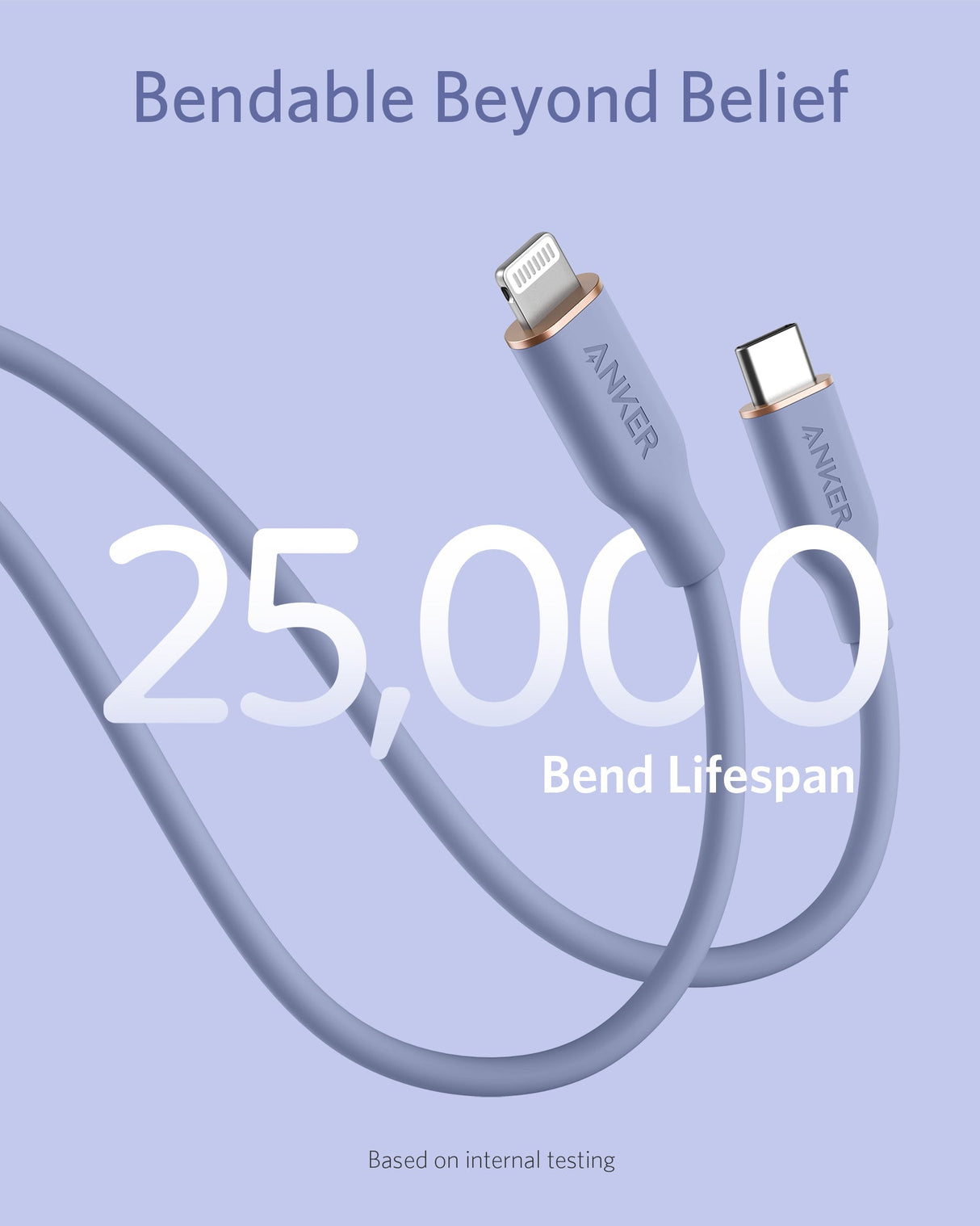 Anker 641 USB-C to Lightning cable in Flow silicone, 3 feet long, with a close-up of the cable's smooth, flexible design.