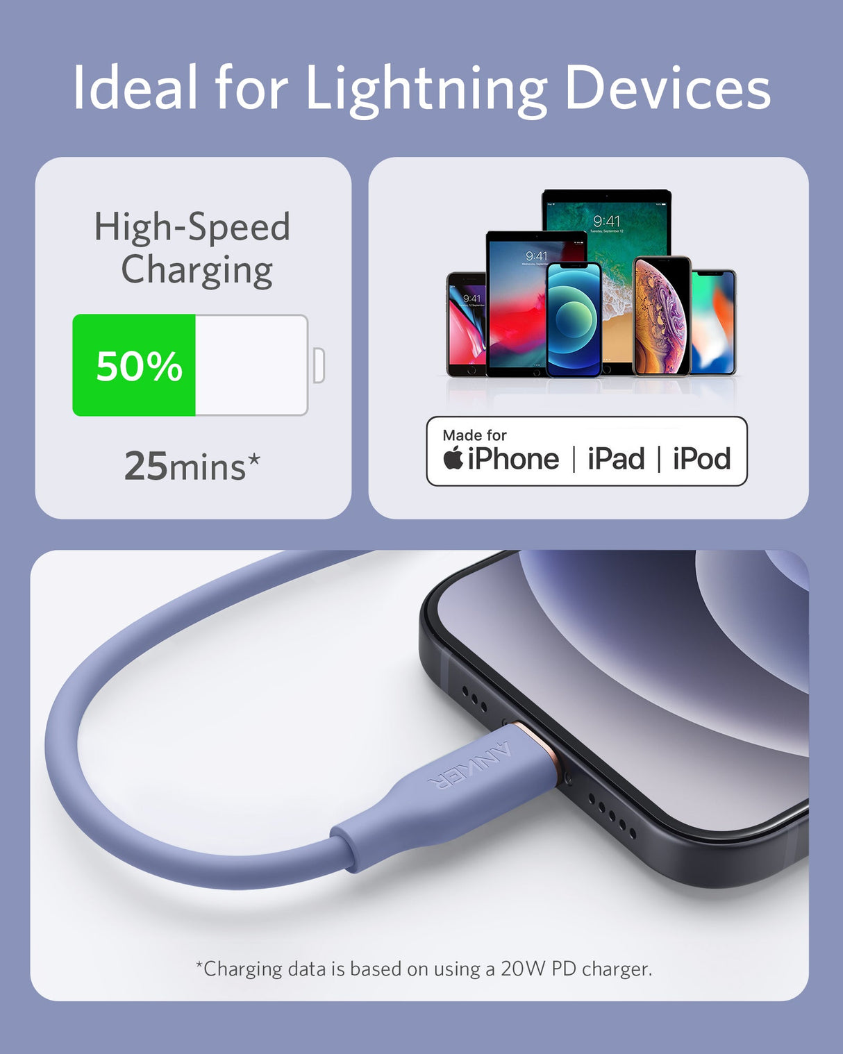 Anker 641 USB-C to Lightning cable in silicone, 3 ft length, designed for fast charging and data transfer.