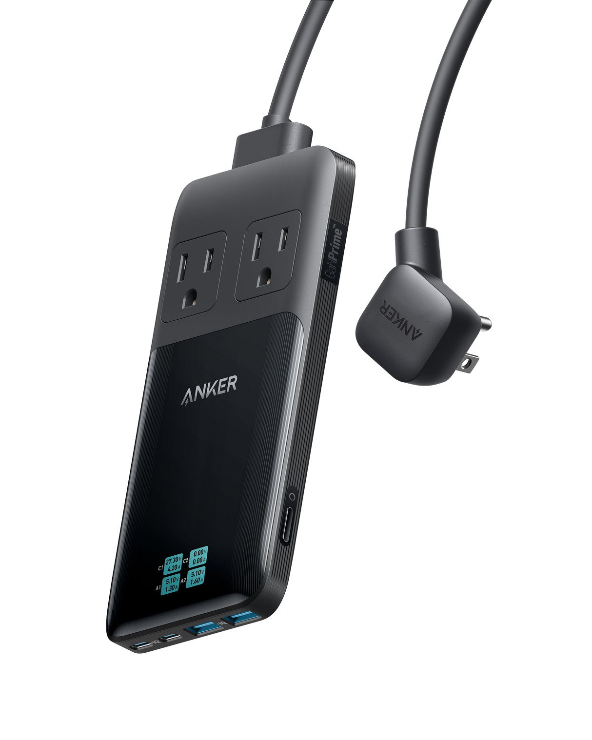 Anker Prime 6-in-1 140W charging station with multiple ports for efficient device charging, shown with connected cables and devices.