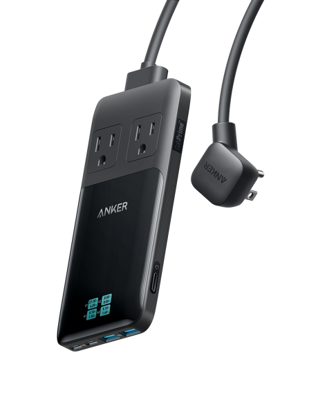 Anker Prime 6-in-1 140W charging station with multiple ports for efficient device charging, shown with connected cables and devices.