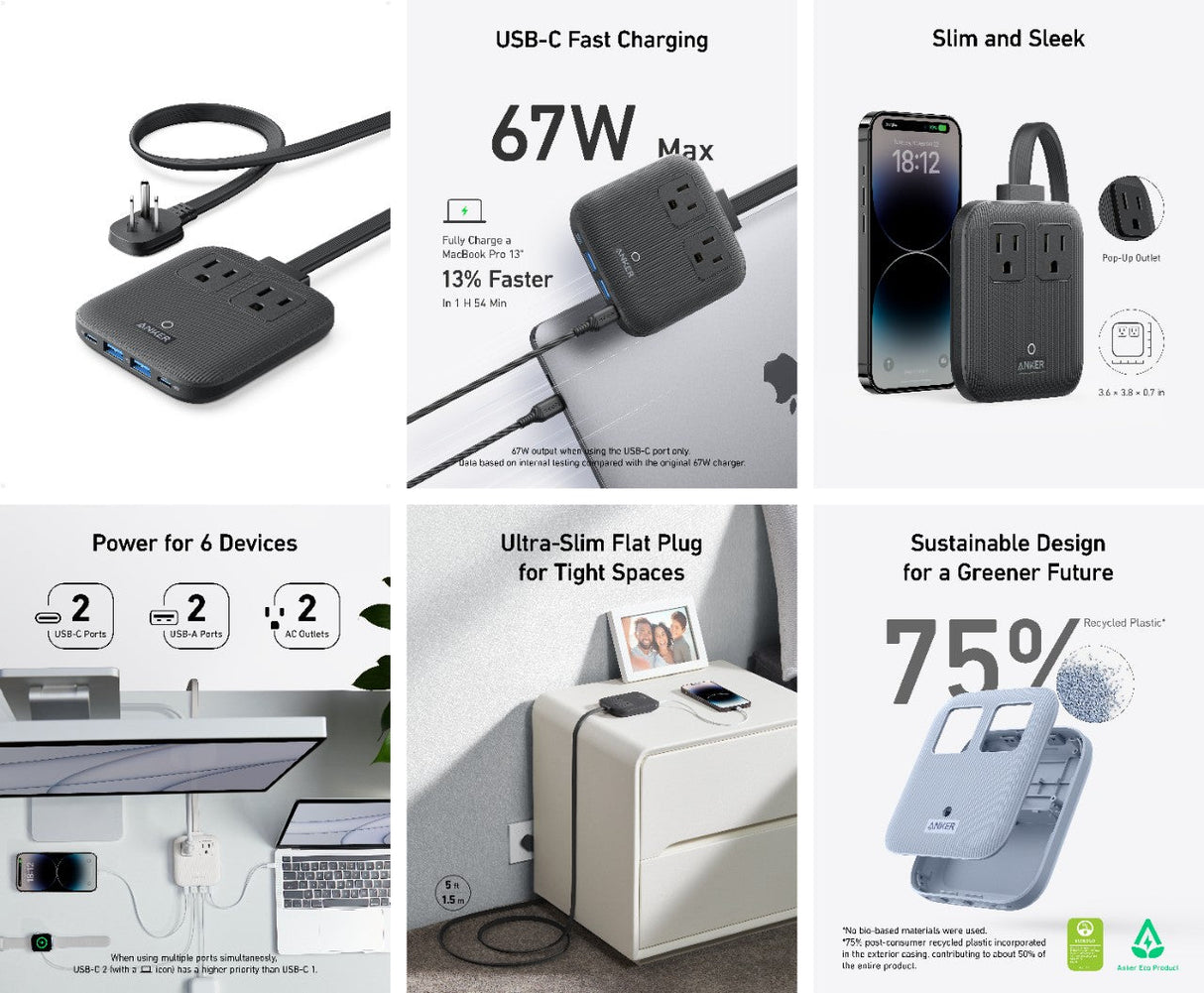 Anker Nano 6-in-1 67W charging station with multiple ports for fast device charging, shown with connected cables and devices.
