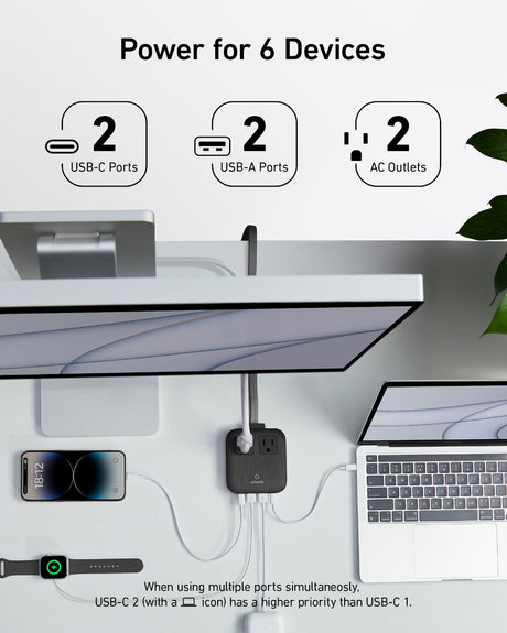 Anker Nano 6-in-1 67W charging station with multiple ports, compact design, and sleek black finish.