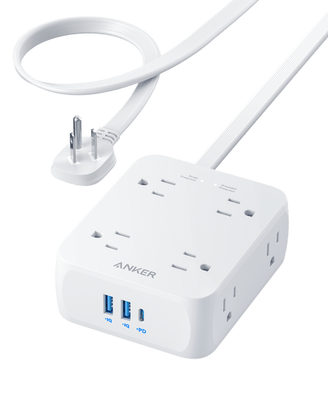 Anker 341 USB Power Strip with multiple charging ports and power button, designed for convenient device charging.