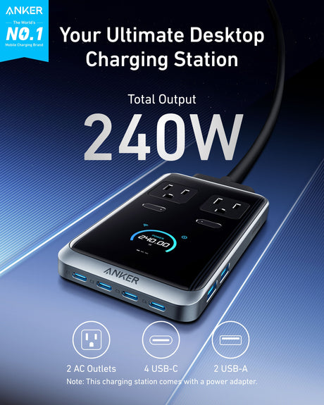Anker Prime 8-in-1 240W charging station with multiple ports and sleek design for versatile device charging.
