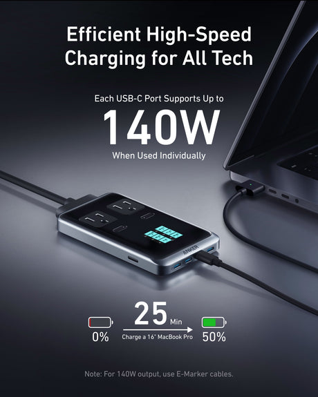 Anker Prime 8-in-1 240W charging station with multiple ports and sleek black design for versatile device charging.