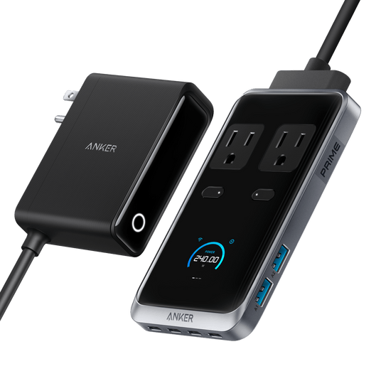 Anker Prime 8-in-1 240W charging station with multiple USB-C and USB-A ports for fast device charging.