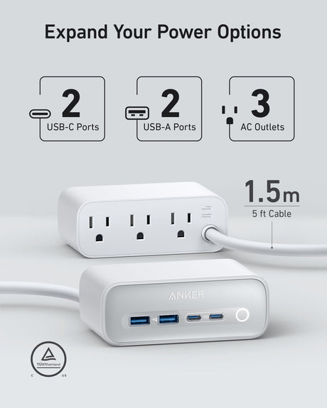 Anker 525 charging station with multiple USB ports for fast device charging, shown in a sleek black design.