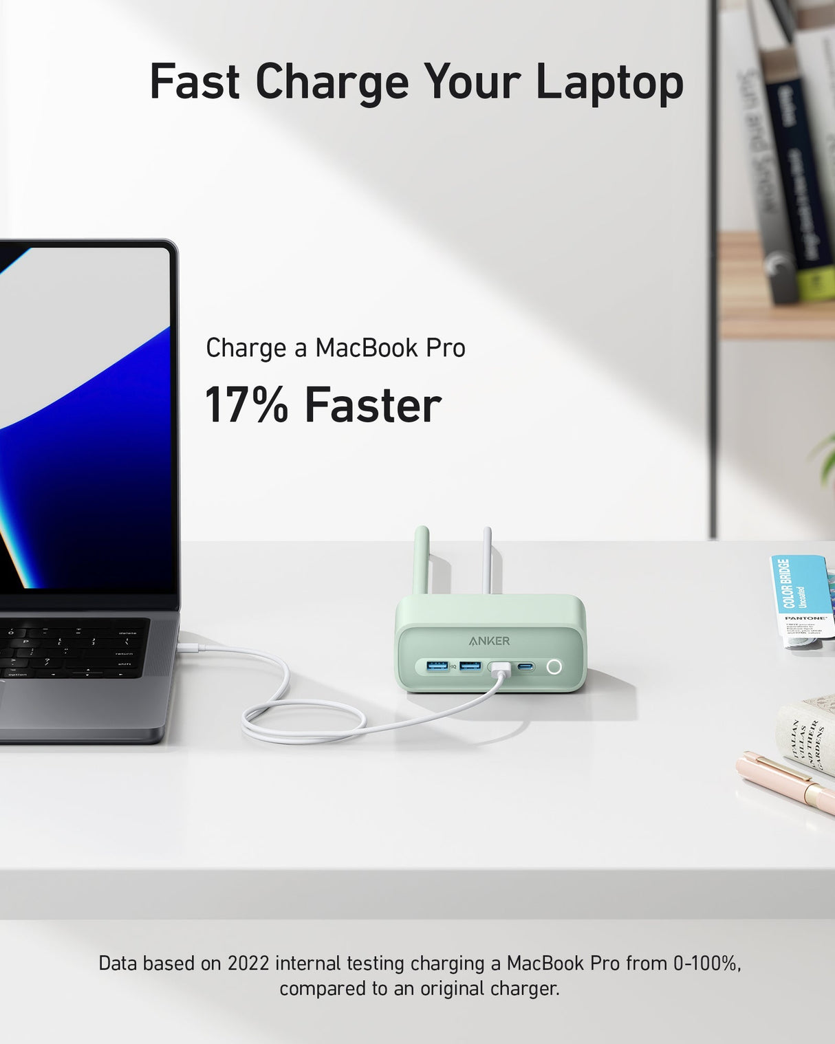 Anker 525 charging station with multiple USB ports for fast device charging, shown on a white background.