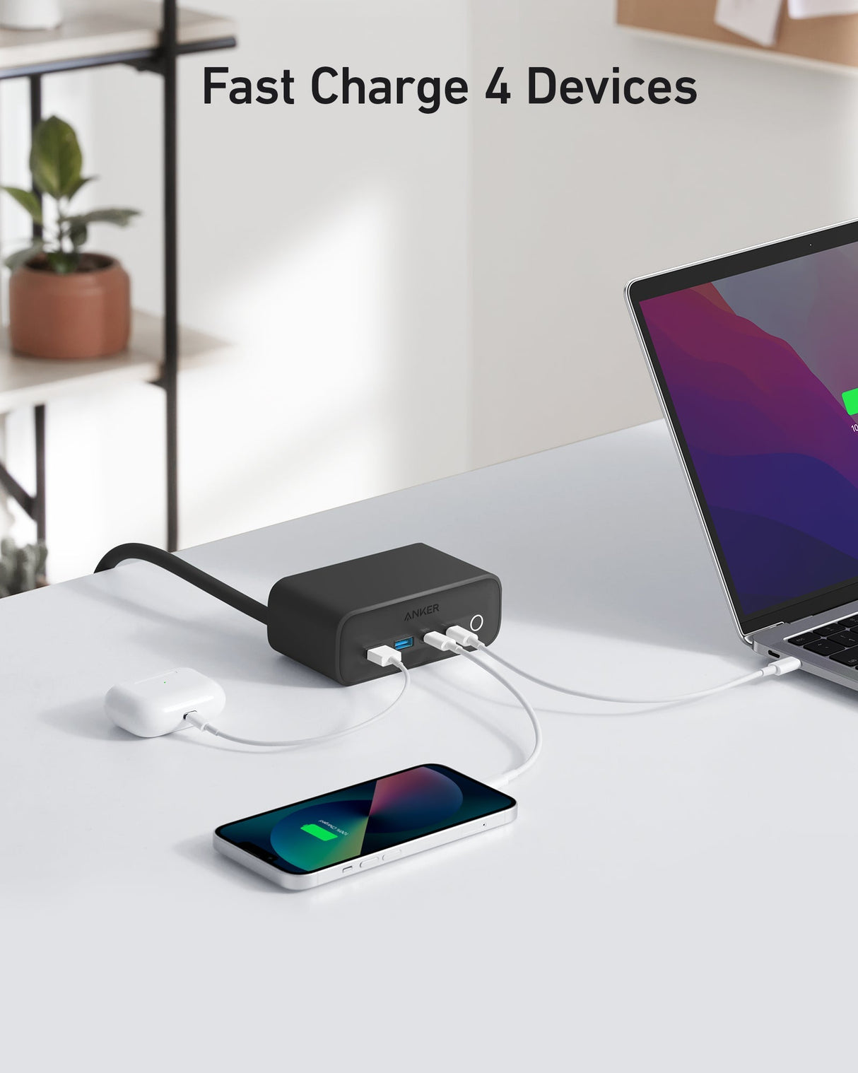Anker 525 charging station with multiple USB ports for efficient device charging, shown in a sleek, modern design.