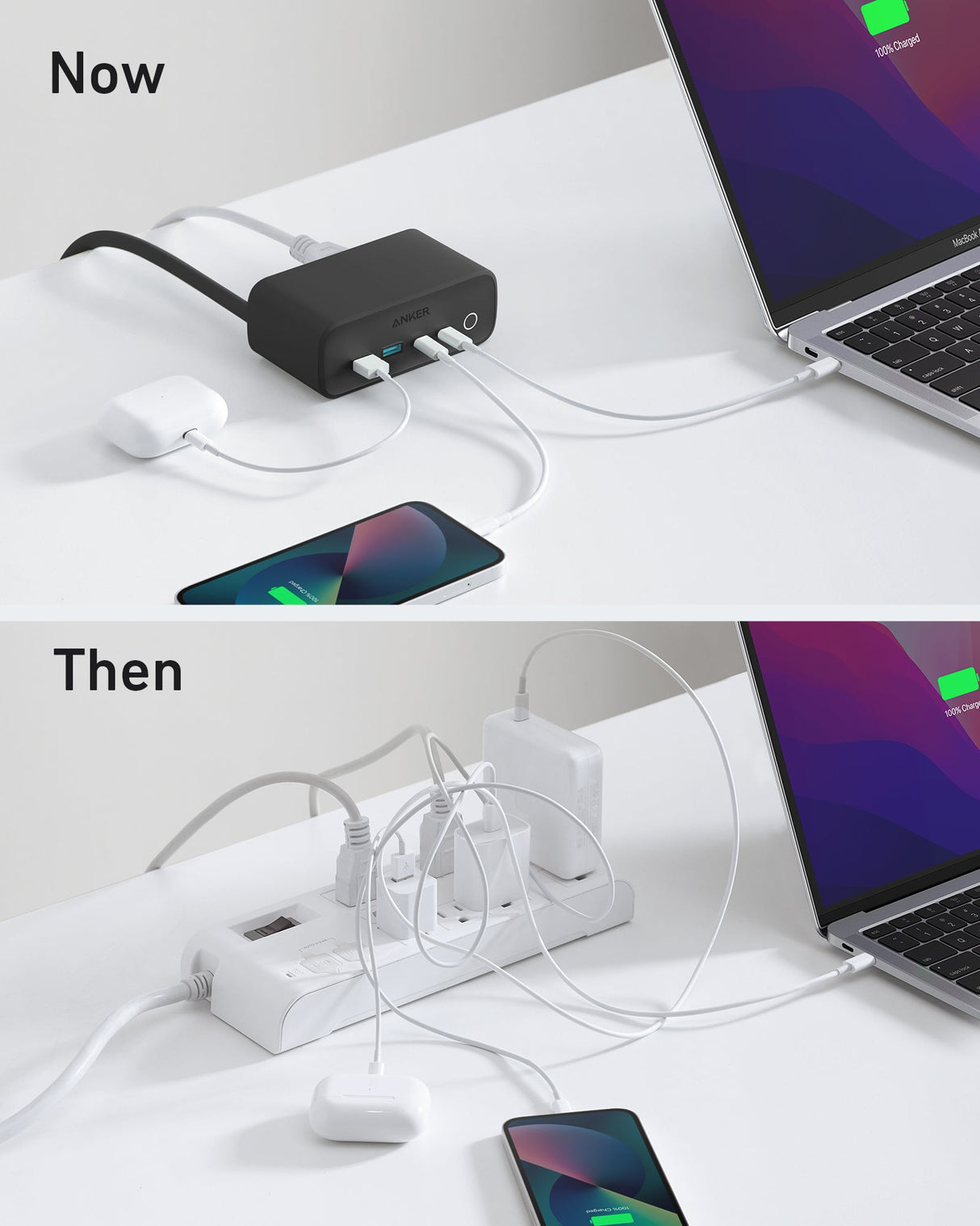 Anker 525 charging station with multiple ports for charging electronic devices, sleek design in black.