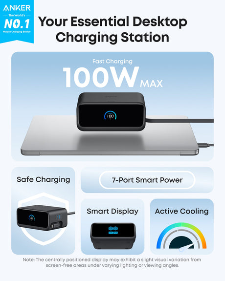 Anker Nano 7-in-1 100W charging station with multiple ports for fast device charging on a sleek, modern black surface.
