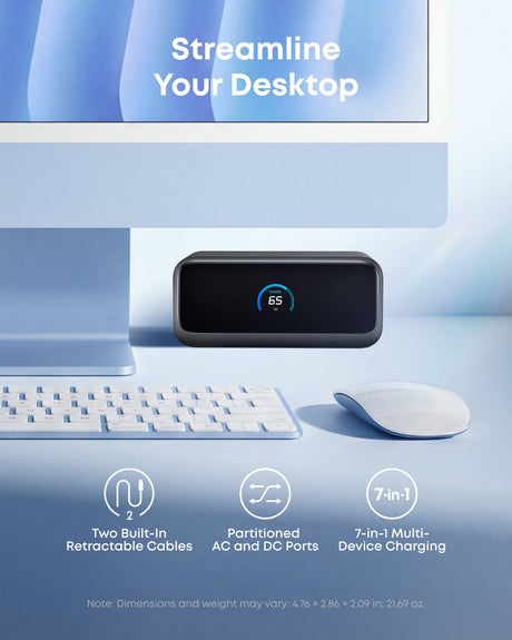 Anker Nano 7-in-1 charging station with multiple ports and 100W power output, shown with connected devices.