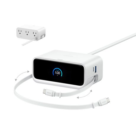 Anker Nano 7-in-1 100W charging station with multiple ports, compact design, and sleek black finish.
