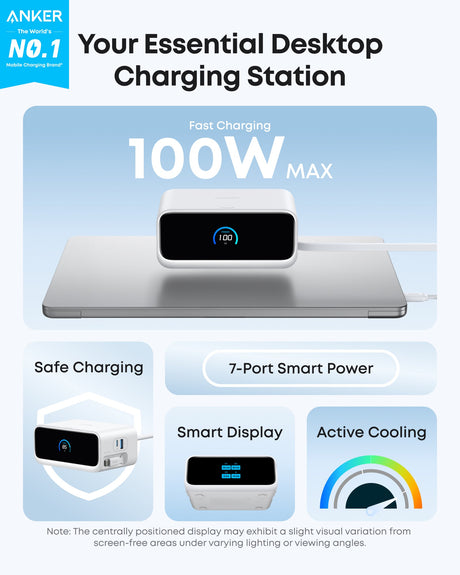 Anker Nano 7-in-1 100W charging station with multiple ports for fast device charging, shown on a clean workspace.