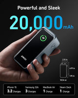 Anker Prime 20K 200W power bank for charging devices, with multiple ports and a sleek black design.