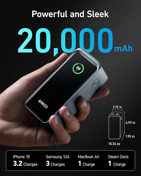 Anker Prime 20K 200W power bank for charging devices, with multiple ports and a sleek black design.