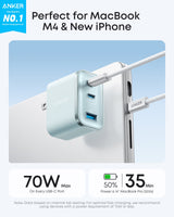 Anker Nano Charger with 70W power and three USB-C ports, compact design for fast charging multiple devices.